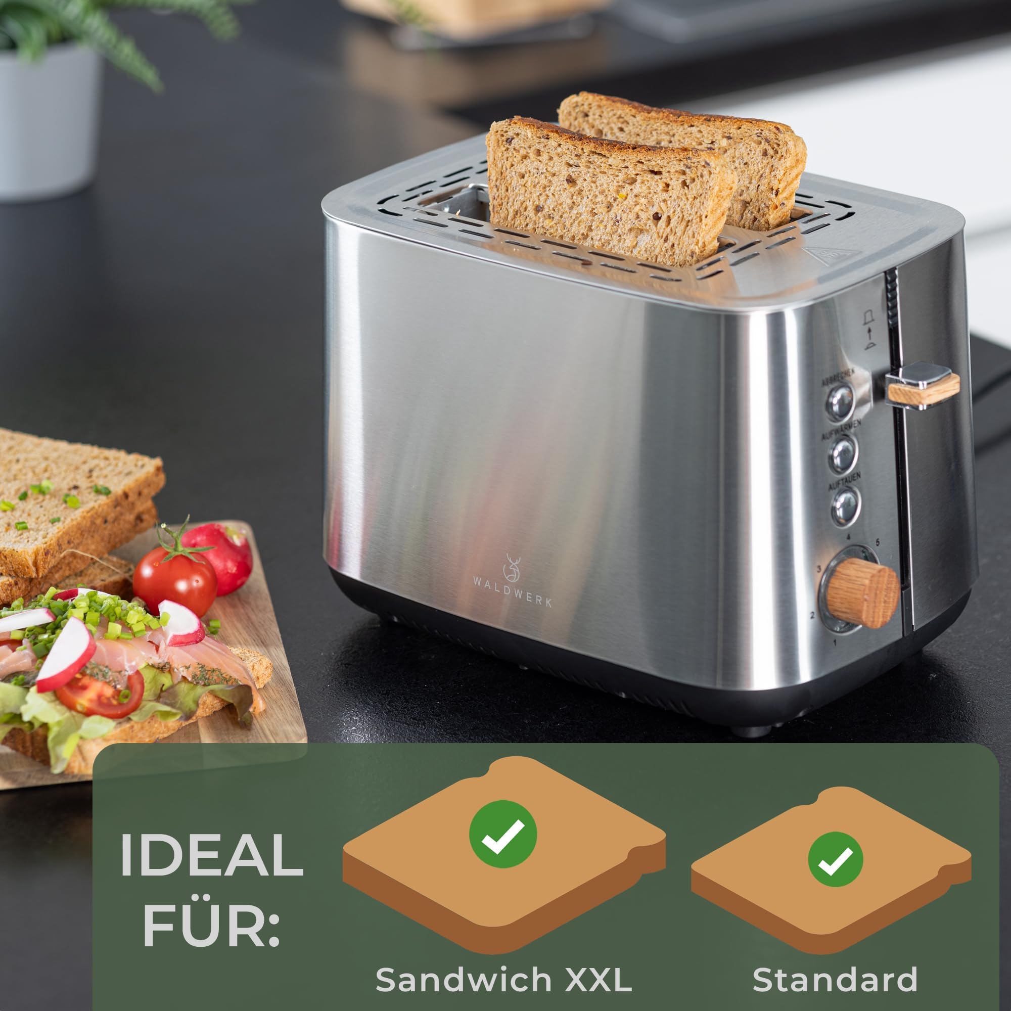 WALDWERK Design Toaster - aus 304 Edelstahl und Eichenholz - für 2 Scheiben - mit Brötchenaufsatz - mit extra breiten und tiefen Toastkammern - mit Krümelschublade 2