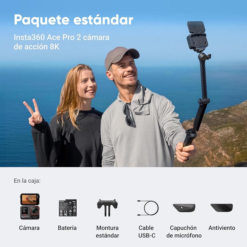 Pacote padrão Insta360 Ace Pro 2 - 8K Waterproof Action Camera co-designed with Leica, 1/1.3" Sensor, Dual Chip AI, excelente em pouca luz, áudio superior, Flip Screen e edição AI
