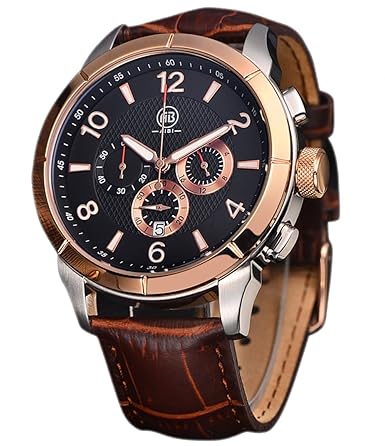 AIBI® Mens Chronograph Rose Gold Grant Stainless Steel Watch Auto Date with Brown Leather