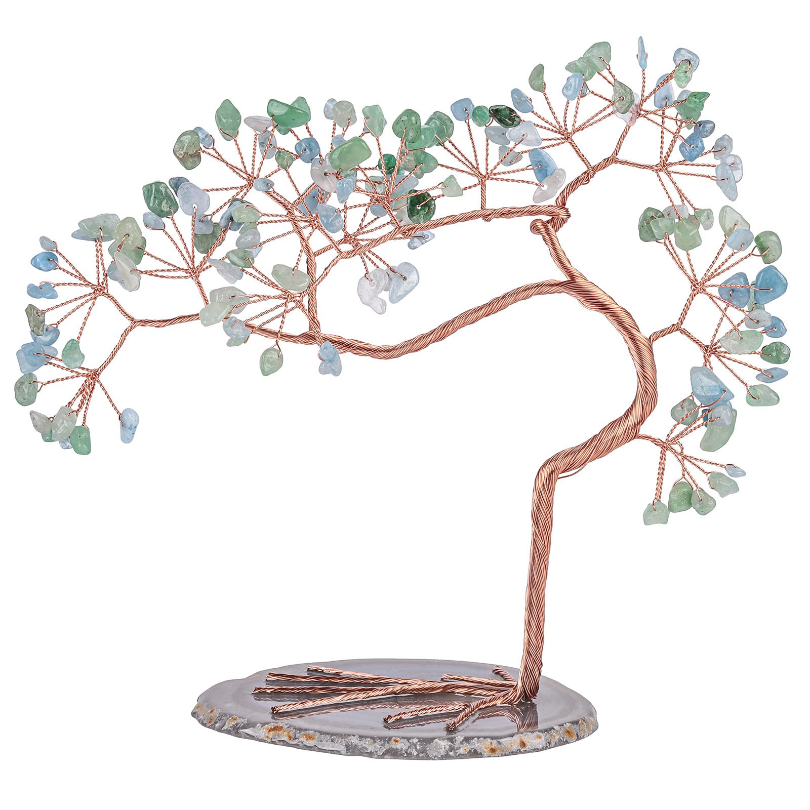 Nupuyai Irregular Green Aventurine & Aquamarine Crystal Tree with Agate Slice Base, Money Tree Figurines Fengshui Crystals Ornament for Home Office Decor