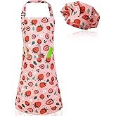 Kids Apron and Chef Hat Set, Cute Strawberry Apron Adjustable Kids Aprons with 2 Pockets Girls and Boys, Kids Cooking Aprons Artist Aprons Kitchen Toddler Aprons for Cooking, Baking, Painting