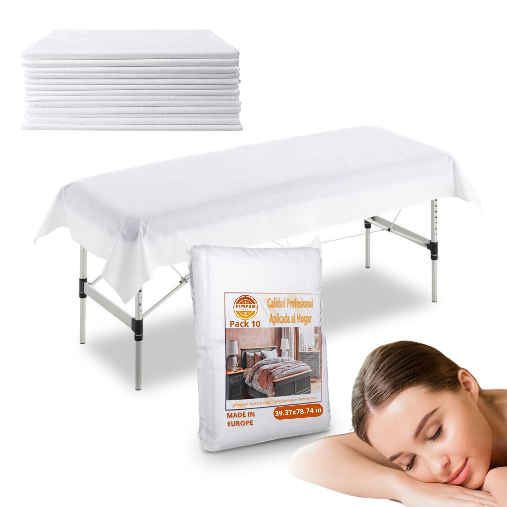 PimPam Factory - (Pack 10) Disposable Bed Sheets for Massage Table - Non-Fitted - 39.3" x 78.7" - Made in UE - Disposable Bed Cover Liquid Repellent - Ideal Beauty Bed Cover for Special Measurements