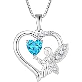 Lwsary Guardian Angel Necklace 925 Sterling Silver Heart Angel Wings Pendant Birthstone Jewelry for Women