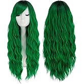Mildiso Green Wigs for Women 26" Long Ombre Green Hair Wig with Bangs Curly Wavy Natural Cute Synthetic Soft Wigs for Party M062MGR