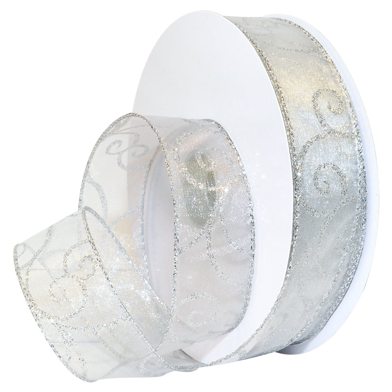 Morex Ribbon Wired Swirl Sheer Glitter Ribbons, Holiday Ribbon for Crafts and Christmas Decorations, Gift Wrapping, 1.5" x 50 Yd, White/Silver