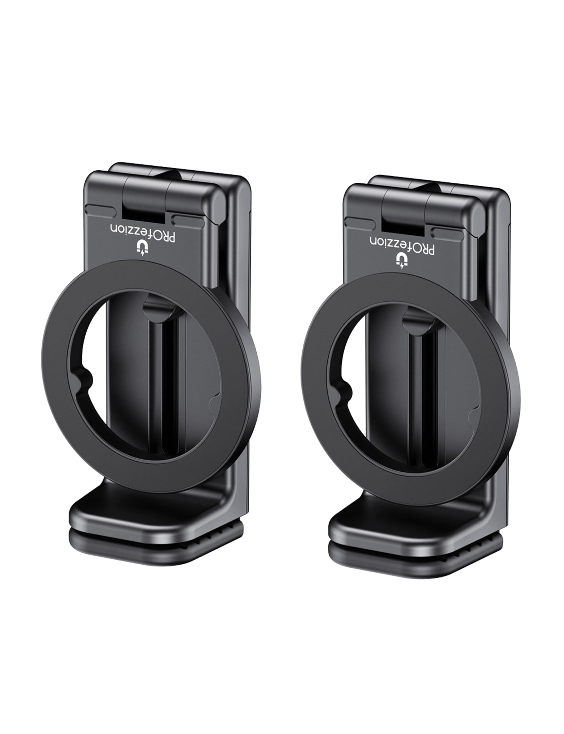 PROfezzion Magnetic Airplane Phone Holder for MagSafe, iPhone 17, 16, 15, 14, 13, 12 & All Phones, Handsfree Phone Mount for Seat Tray Table, Pocket Size Travel Essentials Accessories (2-Pack Black)