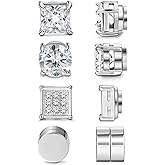 Jstyle 4 Pairs Stainless Steel Magnetic Stud Earrings for Men Women Silver Tone CZ Non-Piercing Clip On Stud Earrings Set 6-8MM