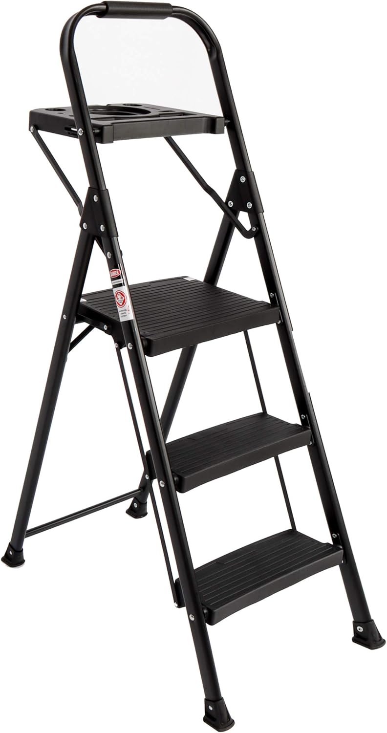 EFINE 3 Step Ladder, Folding Step Stool with Tool Platform, Wide Anti-Slip Pedal, Sturdy Steel Ladder, Convenient Handgrip, Lightweight 330lbs Portable Steel Step Stool