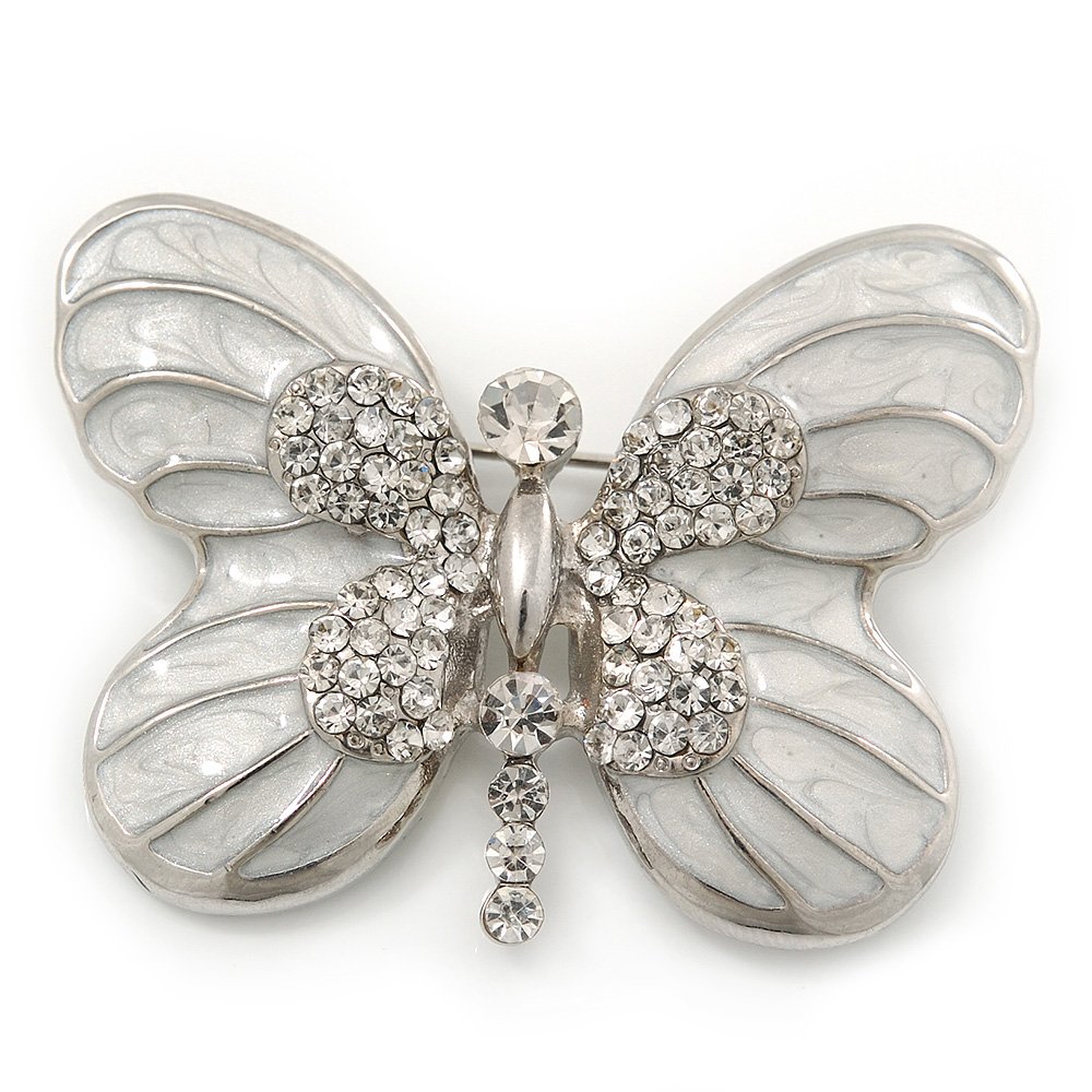 White Enamel Clear Crystal 'Butterfly' Brooch In Rhodium Plating - 47mm Width