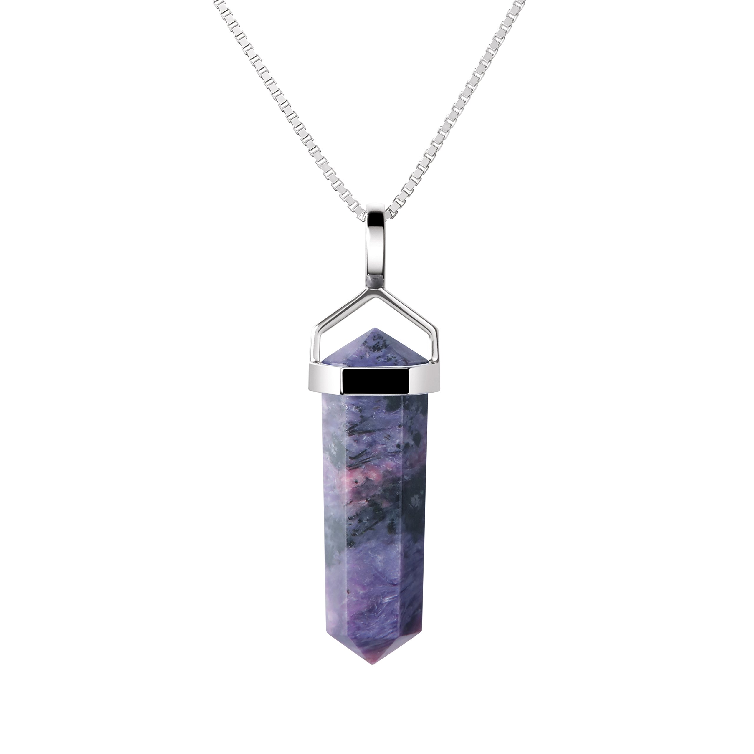 Franki Baker Sterling Silver Lilac Natural Charoite Gemstone Double Point Pendant Necklace. Chain Length: 50 cm