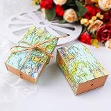50 Scatole Cubo Portaconfetti Tema Viaggio Mappa Mondo - Bomboniere E Segnaposto 7,6x5x3 Cm Con Corda Di Canapa