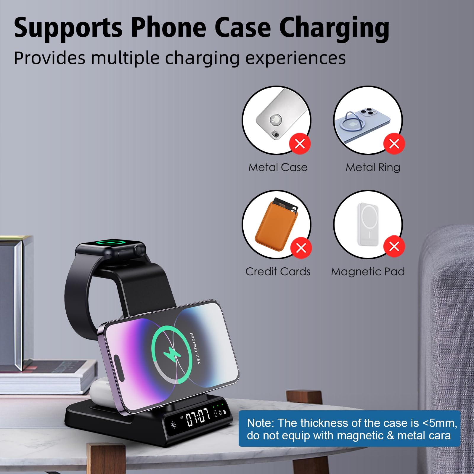 Wireless Charging Station, YiJYi 3 in 1 Watch Charger Stand with Digital Clock Suitable for iWatch SE/6/5/4/3/2/1,AirPods Pro, for iPhone 16/15/14/13/12/11 Pro Max/XS/XR/X/8/Samsung S23/S22/S21
