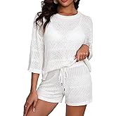 Women's Two Piece Coverup Set - Crochet Beach Cover Ups with Shorts Half Sleeve Swimsuit Bathing Suit Coverups