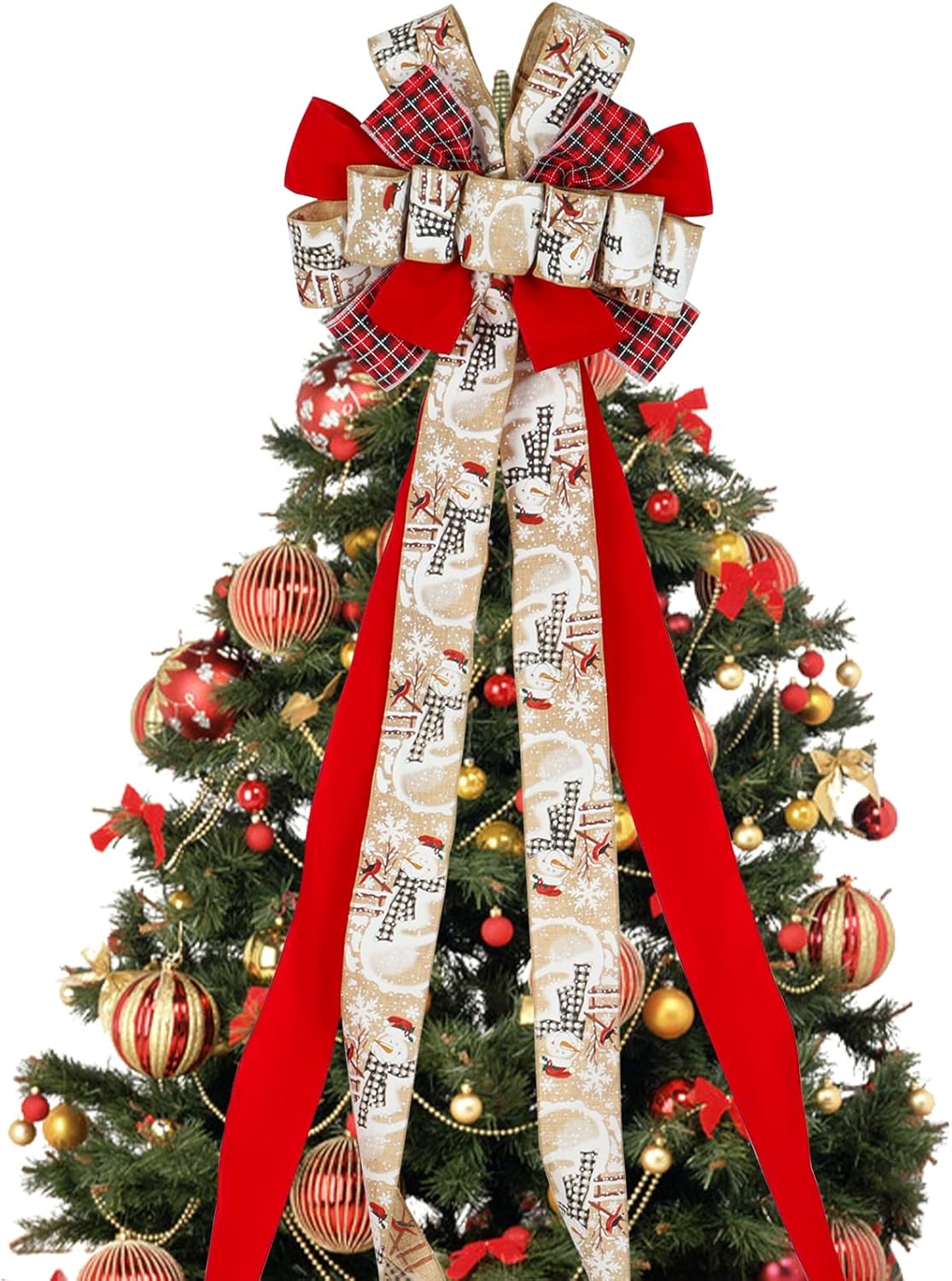 Bows & Ribbons - Christmas Tree Topper Bow, 13x53 Inch Red Plaid Buffalo Bows with Streamer Wired Edge Xmas Ribbon, Decorative Bows for Christmas Tree Wreath Door Holiday Party Festival （Red & Snowman）