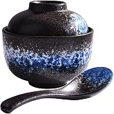 Ceramic Soup Bowl with Lid and Spoon, 8.5 OZ Blue‑Black Glaze Serving Pot | Small Porcelain Stew Pot for Individual Servings, Gourmet Souffle Crock, Microwave &amp; Dishwasher Safe