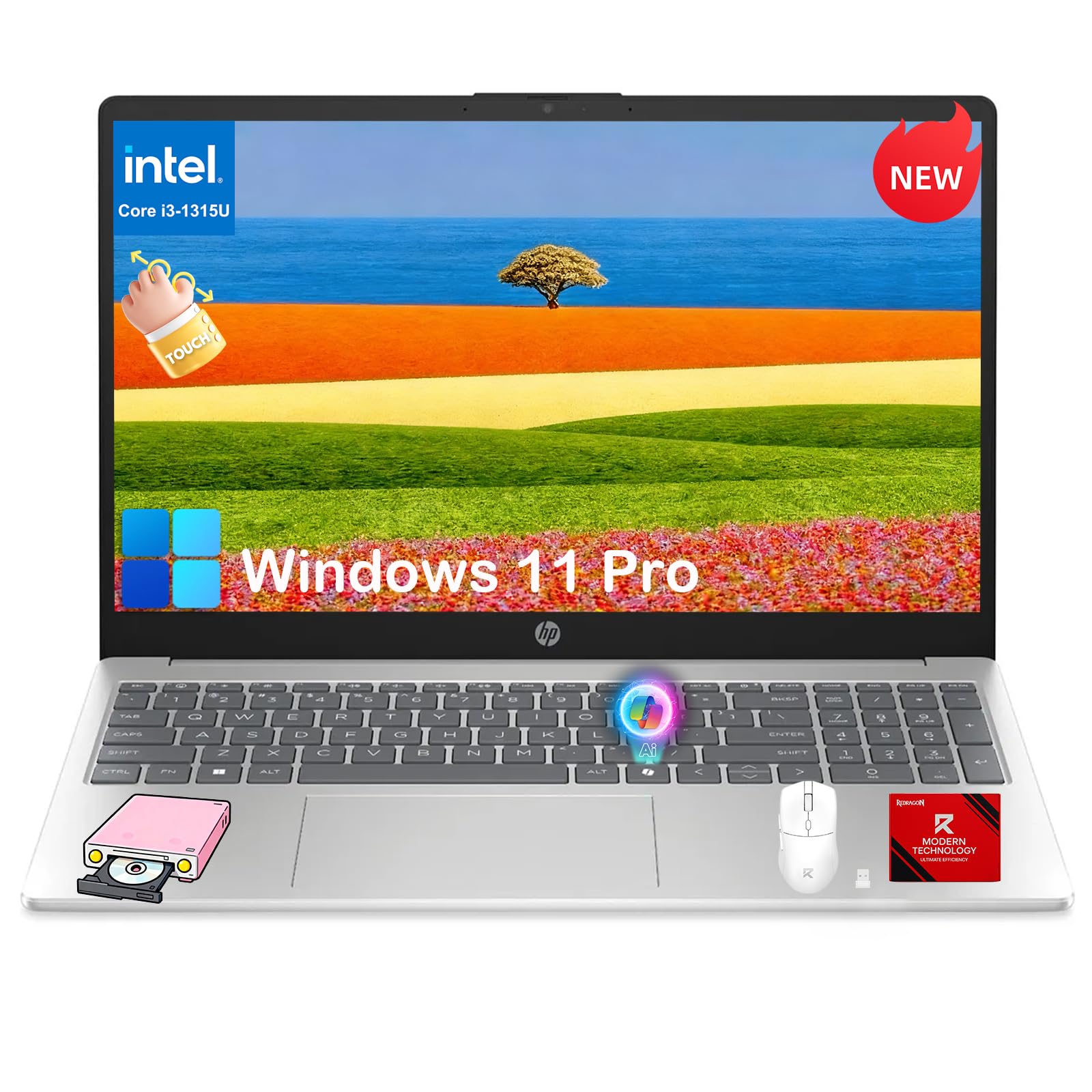 HP 15.6-inch Touchscreen Laptop Computer for Business & Student - 16GB RAM, 512GB SSD, Intel 13th Gen i3 1315U, HD Touch Display, AI Copilot, Wifi6, Fast Charge, HD Camera, Win 11 Pro, Accessories