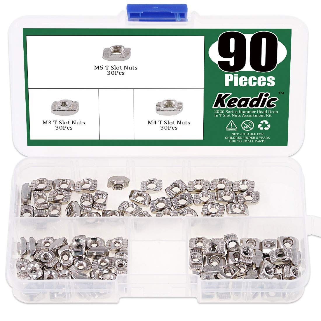 Keadic 90Pcs 2020 Series T Nuts, M3 M4 M5 Hammer Head Fastener Drop in T Slot Nut Assortment Kit with Organizing Box for Aluminum Profile - Carbon Steel Nickel Plated
