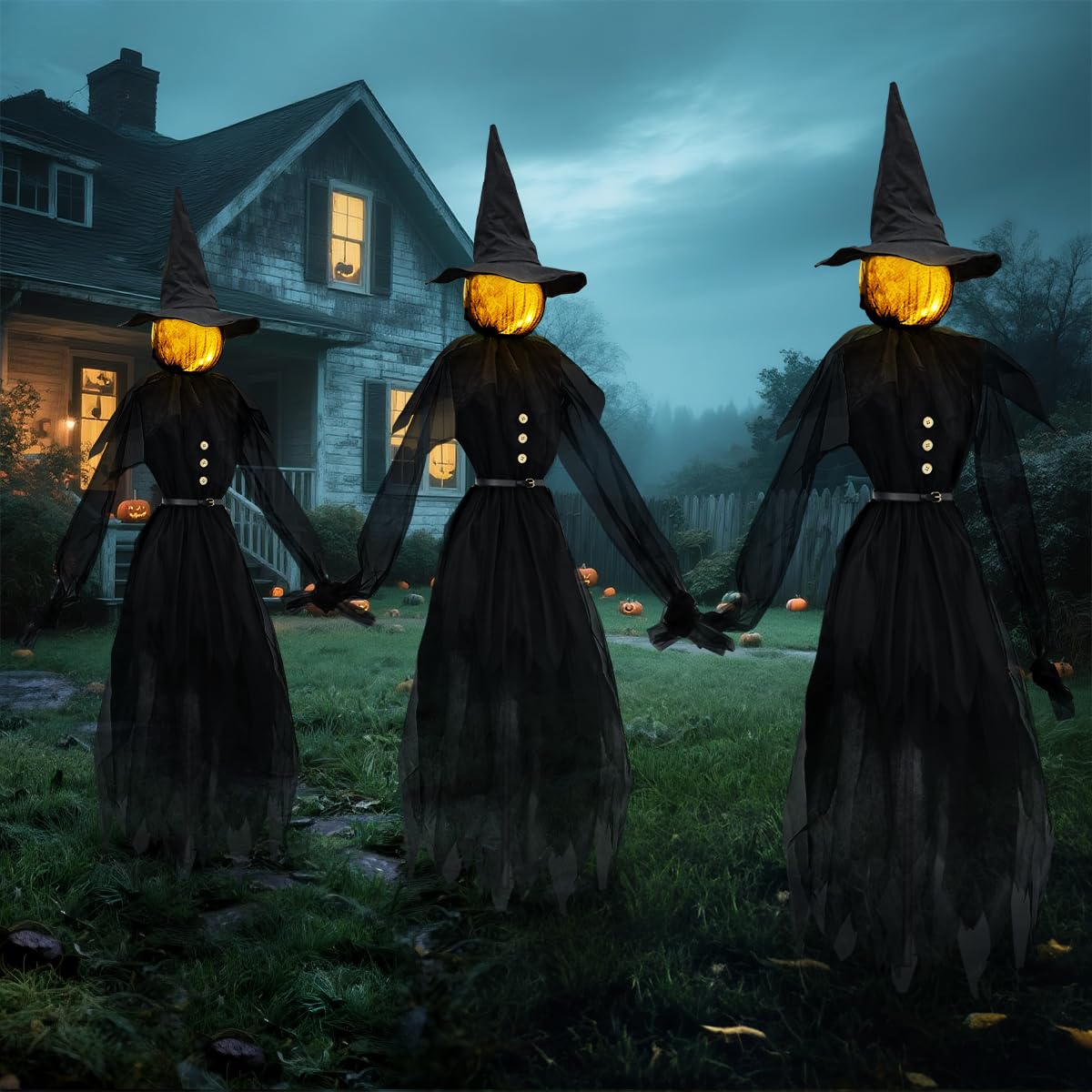 Photo 1 of Halloween Decorations Outdoor, 4.9 FT Set of 3 Witches Holding Hands, Multicolored Lighted Halloween Witches Garden Stake, Glowing Head Witch Decorations for Home Outside Yard Lawn Garden Decor