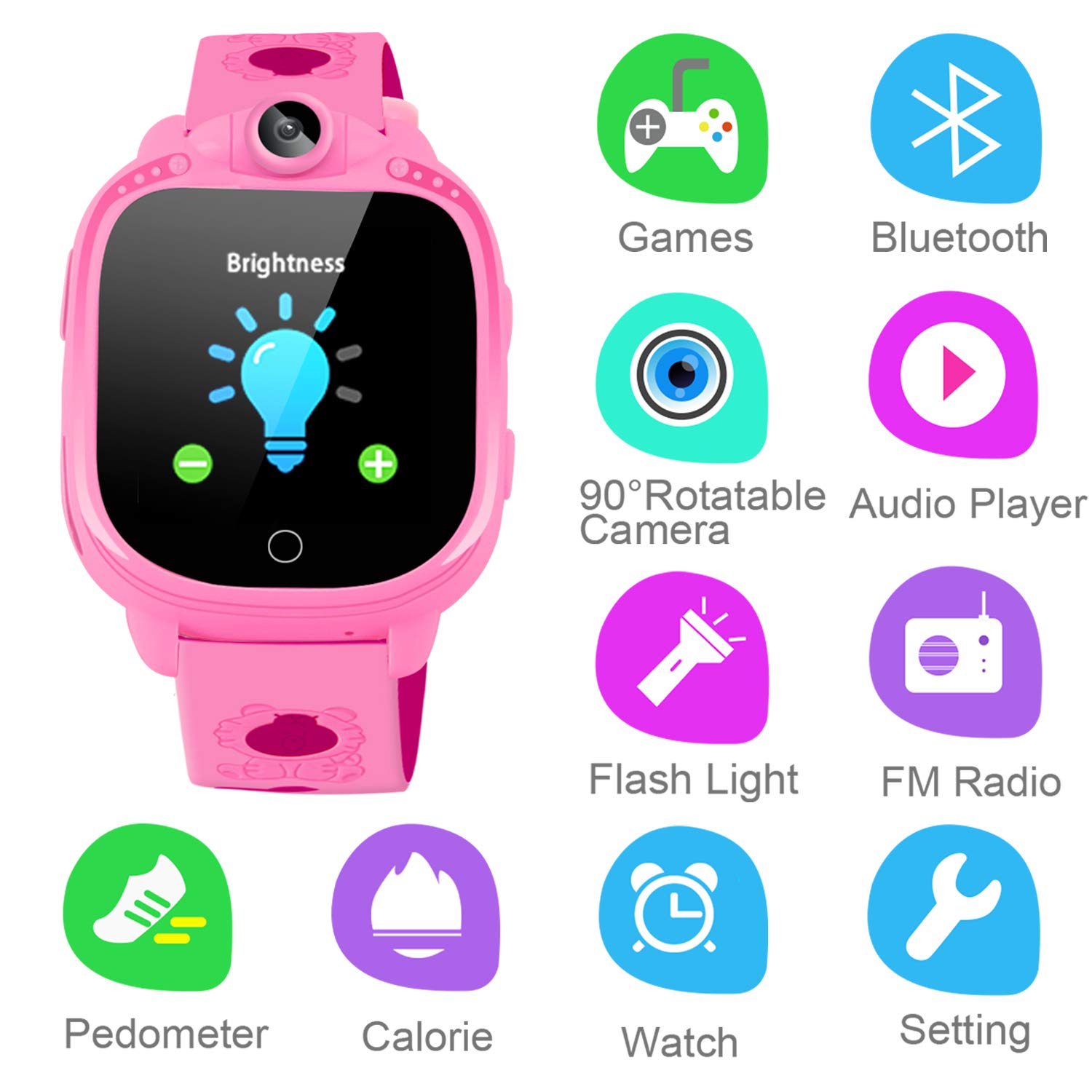 Kids Smart Game Watch with 90°Rotatable Camera Touch Screen Digital Wrist Watch Smartwatch for Girls Kids Electronic Learning Toys(Pink)