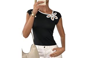 WDIRARA Women's T Shirts Cut Out Floral Tops Cap Sleeve Asymmetrical Neck Tee Shirt