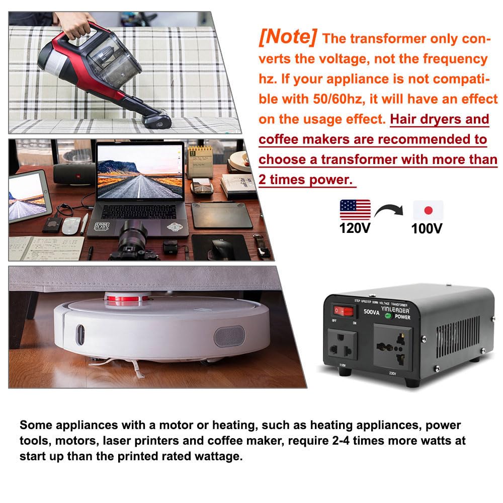 Yinleader 500W US to Japan Voltage Converter 120V to 100V Step Down Transformer for Japanese Appliances (Turntable/Player/Amplifier/yogurtia/Consoles/Synthesizers, etc.) in US