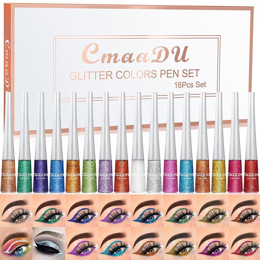 Coloured Eyeliner, Waterproof Eyeliner, 16 Colors Liquid Eyeliner Colour Set, Colorful Shining Glitter Eye Liners, Long Lasting Liquid Eyeliner Makeup for Party Festival