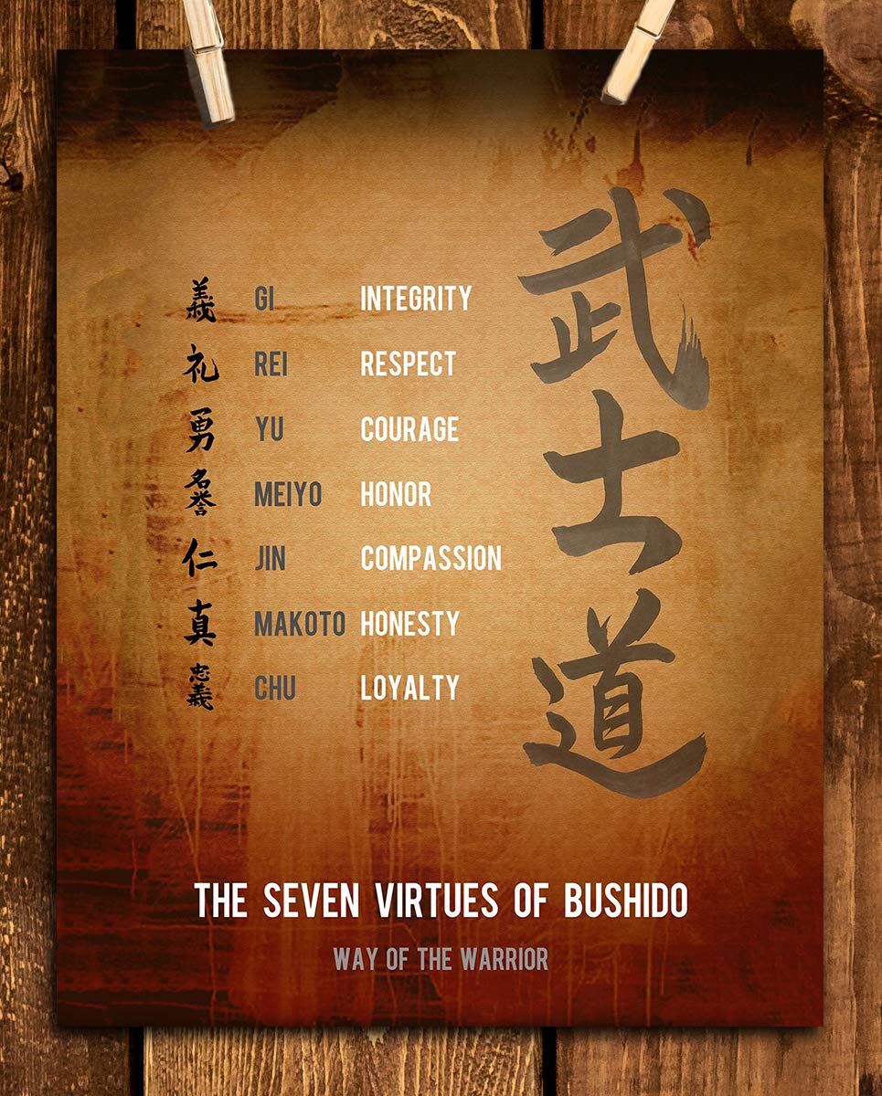 "Seven Virtues of Bushido- Way of the Warrior- Honor Code"- Motivational Quotes Wall Art-8 x 10" Print Wall Decor-Ready to Frame. Aged Parchment Print for Home-Dojo-Gym-Office Decor. Timeless Virtues.