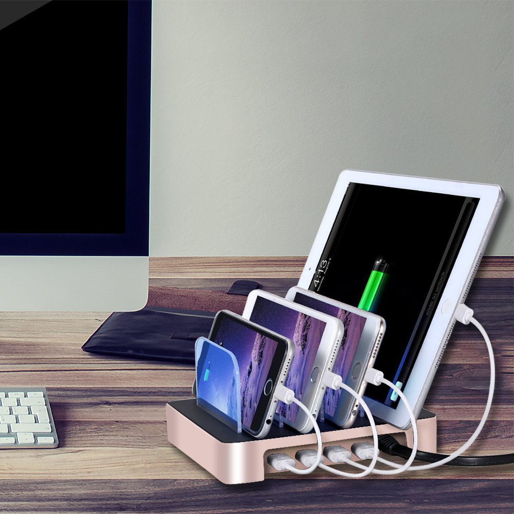 Charging Station,XPLUS 4 Ports USB Charging Station Organizer,Faster Charging Stand Universal Detachable Multi-Device Charger Compatible for iPhone,iPad ,Samsung Galaxy S8,Cell Phones,Tablets(Rose Gold)