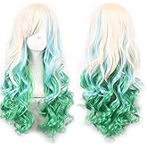 ANESHE Gradient Cosplay Anime Wigs Long Curly Harajuku Lolita Style Costume Wigs for Women (Light Blonde/Green)