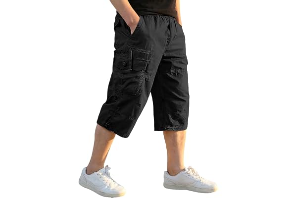 EKLENTSON Men's Capri Long Cargo Shorts Below Knee Shorts with Multi-Pocket | Mens long shorts, cotton fabric, soft breathabl
