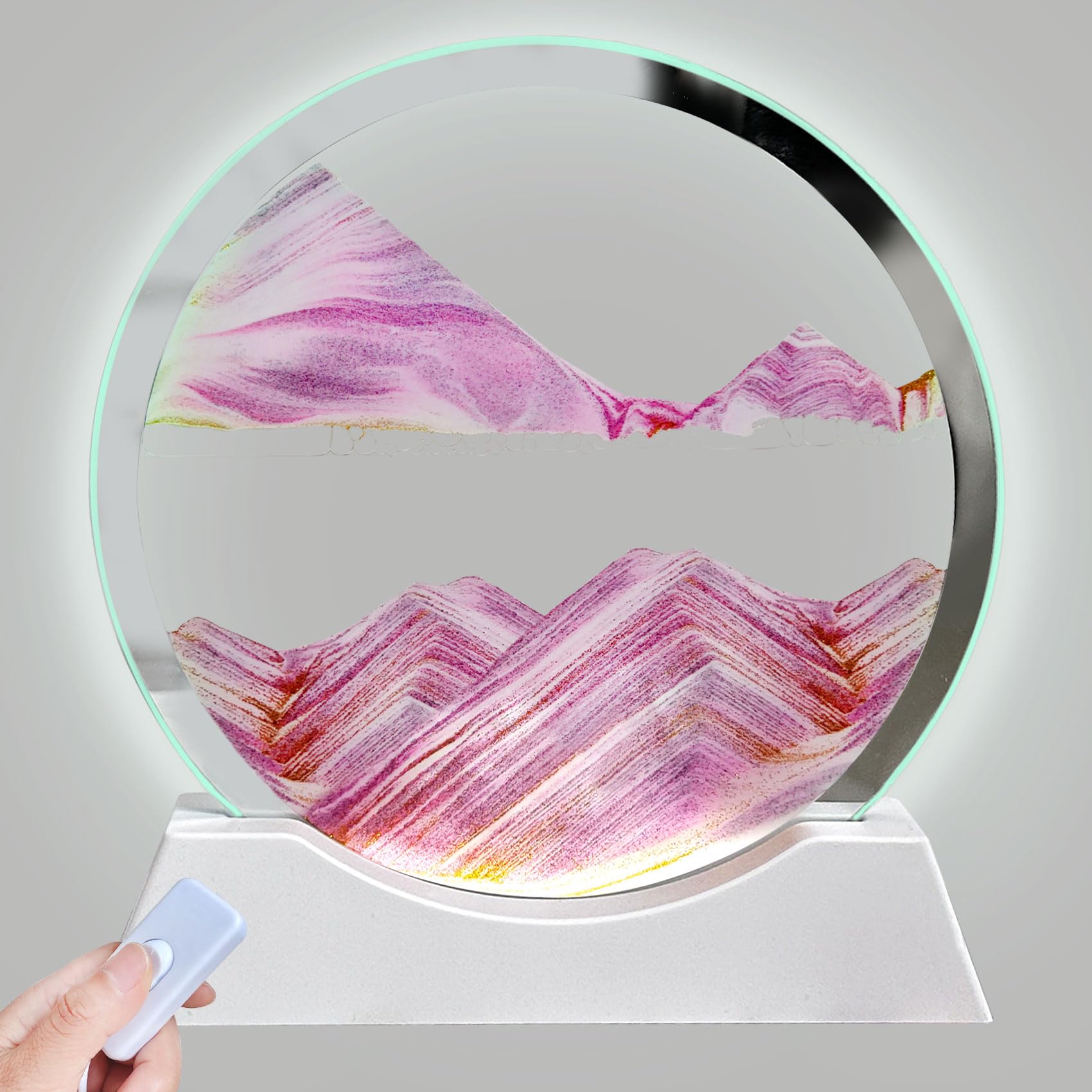 Aoderun 7" Moving Sand Art Liquid Motion with Light 3 Color Changing Sand Art Picture Round Glass 3D Deep Sea Sandscapes for Adult Relaxing Toys Desktop Home Office (Pink)