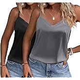 Ekouaer Women's Lace Silk Satin Pajama Tank Tops V Neck Camisole Soft Spaghetti Strap Tops Loose Sleepwear S-3XL