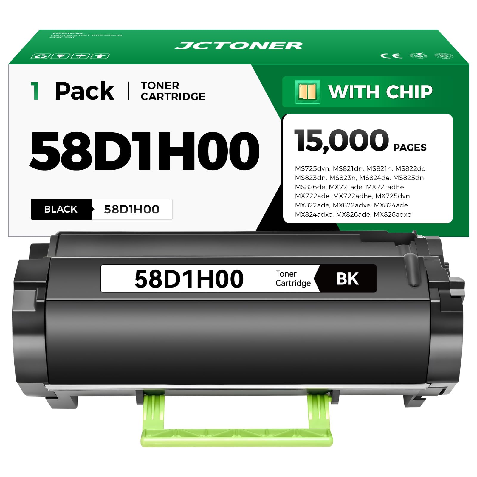 58D1H00 Black High Yield Toner Cartridge with Chip Replacement for Lexmark MS725 MS821 MS822 MS823 MS824 MS825 MS826 MX721 MX722 MX725 MX822 MX824 MX826 Ink Laser Printer dvn dn de ade adhe adxe n Image