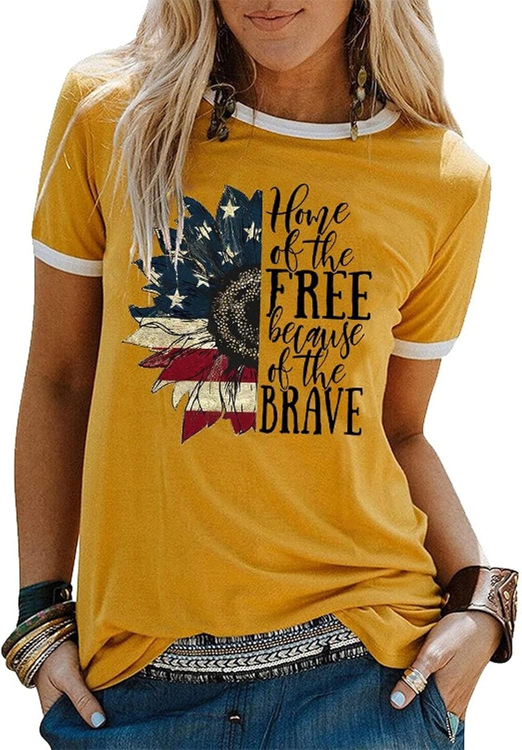 YourTops Women Home of The Free Because of The Brave T-Shirt American Flag Shirt