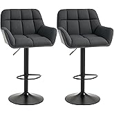 HOMCOM Adjustable Bar Stools Set of 2, Swivel Tufted Linen Fabric Barstools with Footrest and Armrests, Bar Chairs for Kitche