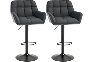 HOMCOM Adjustable Bar Stools Set of 2, Swivel Tufted Linen Fabric Barstools with Footrest and Armrests, Bar Chairs for Kitche