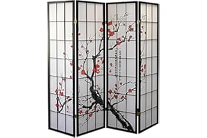 Legacy Decor 4-Panel Blossom Screen - Portable, Foldable Shoji Style Room Divider - Plum Blossom, Freestanding Room Privacy Dressing Screen - Temporary Wall Partition for Home, Office & Studio - Black