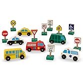 Melissa & Doug Wooden Vehicles and Traffic Signs with 6 Cars and 9 Signs