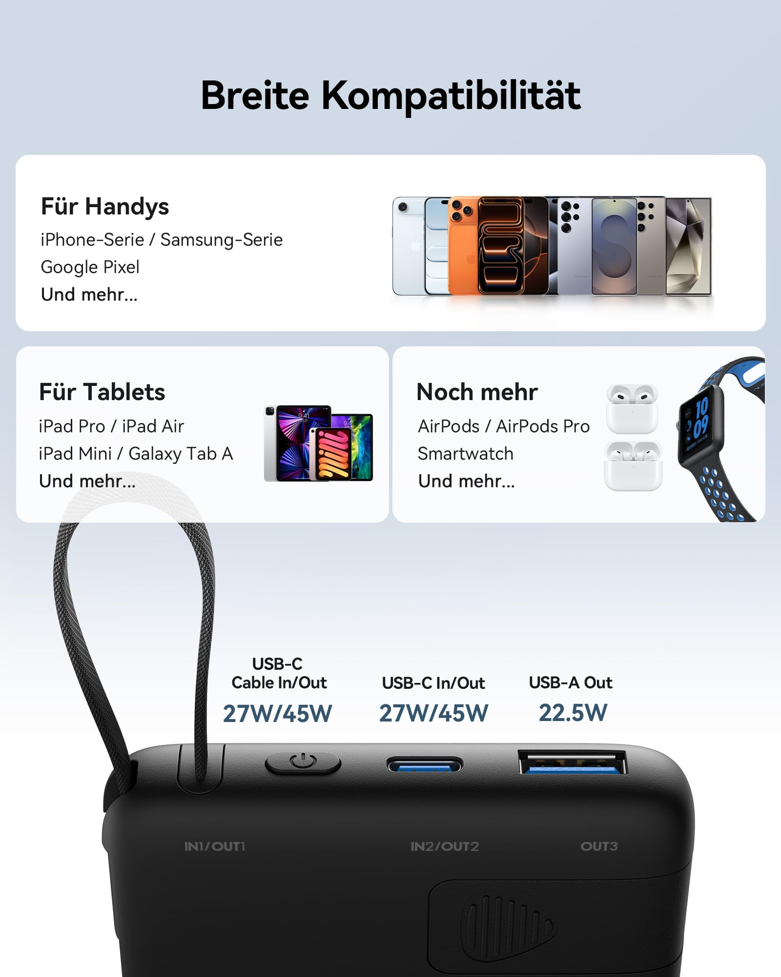 INIU Power Bank, 10000mAh Ultra-dünn 45W Schnellladen Powerbank mit USB C Kabel, Klein und Stark Externe Handyakkus, Flugtauglich, Camping Zubehör für iPhone 17-12, Samsung S25, Xiaomi, iPad etc. 7