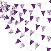 32Ft Purple Party Decorations Purple Buffalo Plaid Checkered White Triangle Flag Gingham Pennant Banner Fabric Garland for Wedding Birthday Picnic BBQ Outdoor Lavender Mermaid Party Decor Supplies