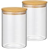 2PCS Glass Storage Jars with Airtight Lids,32 fl oz (950ml) Cute Clear Storage container with bamboo Lid,Glass Pantry Canister for Beans, Rice,Sugar,Cookie Coffee (N-Clear-2PCS-32FL OZ/950ML)
