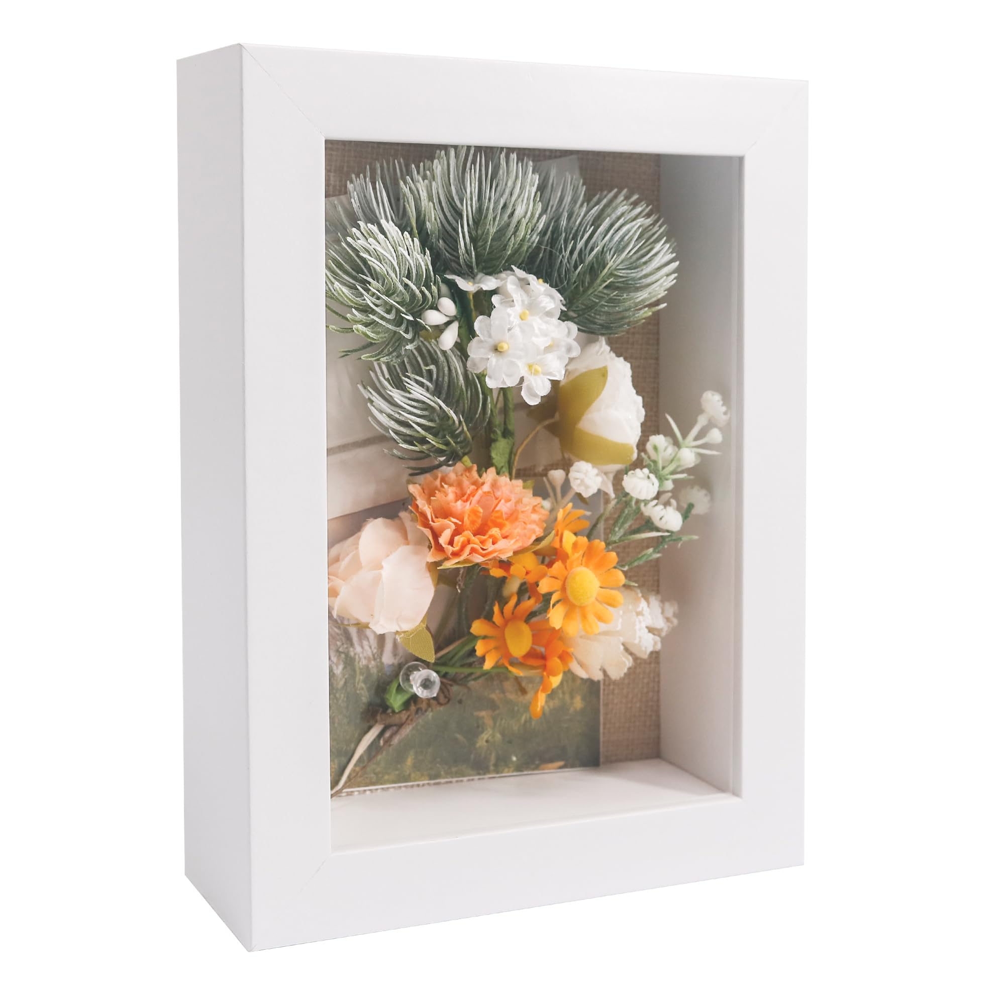 GraduatePro Shadow Box Frame 6x8 Display Case White with Linen Background and 6 Stick Pins Memorabilia Awards Medals Photos Memory Box