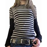 Women Teen Girls Y2k Striped Long Sleeve T-Shirt Goth Grunge Baggy Tee Shirt 00s Vintage Going Out Top Streetwear