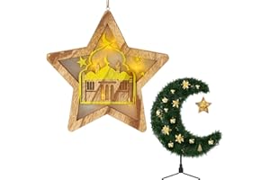 Craftsatin 10 x 8 Inch Eid Wood Tree Topper Ramadan Golden Star Tree Topper with LED Light for Moon Eid Muslims Tree Islamic Party Decoration Display Housewarming Birthday Gift