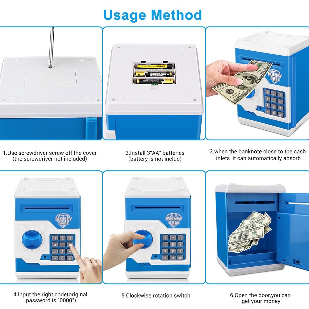Zonkin Electronic Password Piggy Bank Kids Safe Bank Mini ATM Electronic Money Save Box Cash Coin Can (Blue White)
