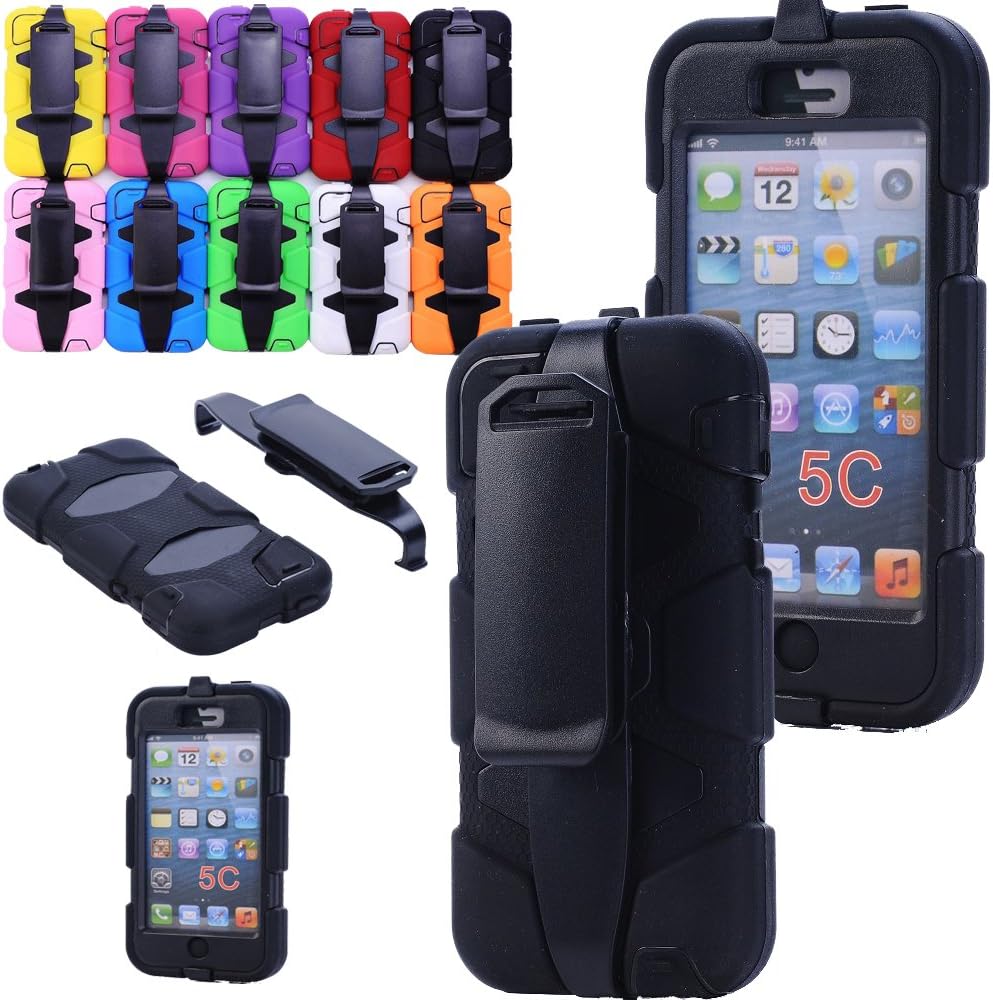 Generic For iphone 5C Rubber Case, Defender Series Heavy Duty Army Military Grade Shock-absorbing Weather Shatter-resistant Extreme Impact Hybrid Built-in Screen Protector Camo Hunter Case With Belt Clips/Holster For iphone 5C Only (Not For iphone 5/5s) (Black)