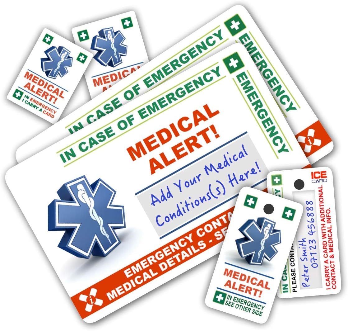 MEDICAL ALERT 2 CARD PACK In Case of Emergency (I.C.E.) Card Pack contains 2 Medical Alert I.C.E. Cards, 2 Key Rings & 2 Stickers.