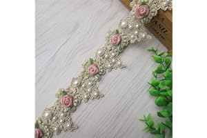 QIUDA 1 Yard Vintage Gold Pearl Rose Flowers Lace Trim Fabric Rhinestone Embellishment Floral Appliques Lace Ribbon Ornaments Handmade DIY Sewing Craft for Costume Hat Decoration 1.96" Wide