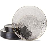 Hioasis 60pcs Black Plastic Plates - Gold Rimmed Disposable, Hammered, Heavy-duty Dinnerware Set Suitable for 30 Guests, 10.25" Dinner & 7.5" Dessert Plates for Party & Wedding