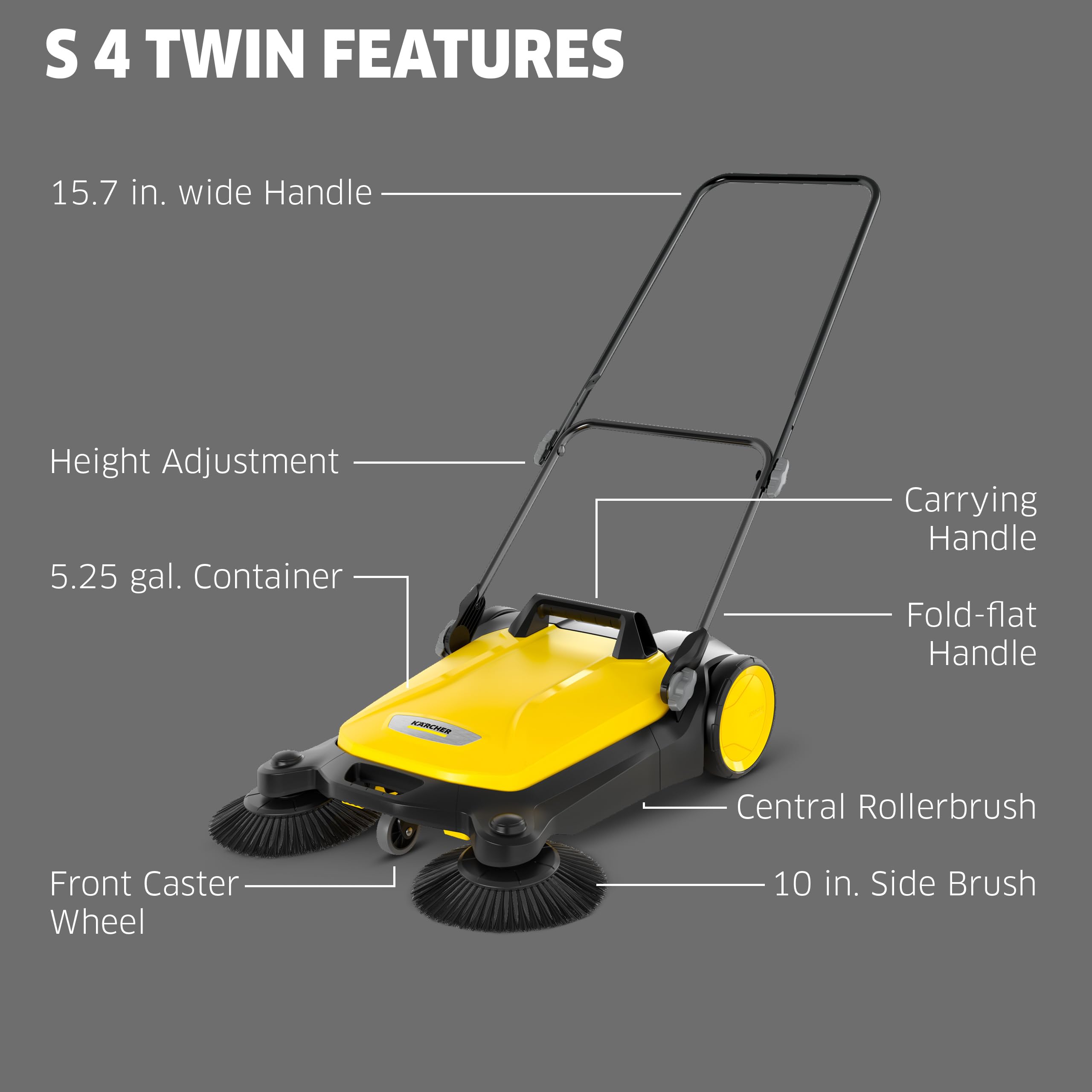 Kärcher Walk Behind Outdoor Push Sweeper S 4 Twin for Workshops, Warehouses or Garages - 5X Faster Than a Push Broom, 5.25 Gallon Capacity, 26.8